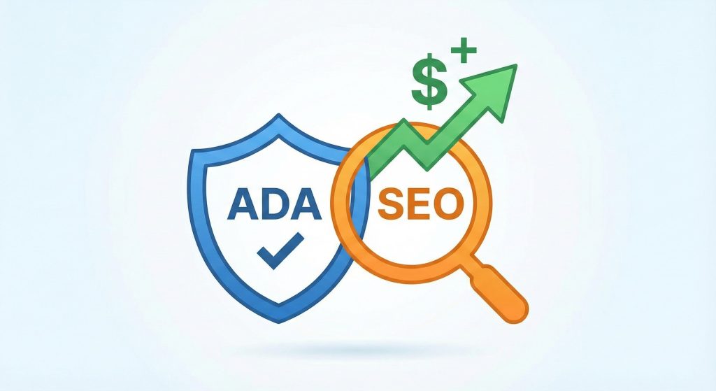 Graphic illustrating the combined benefits of ADA compliance and SEO, showing interlocked shields and an upward financial trend.