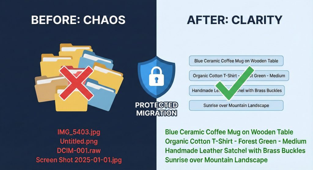 Semantic app interface showing the Missing Only and Actionable bulk optimization modes for safe data migration.