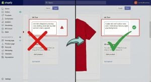 Comparison graphic showing incorrect keyword-stuffed alt text versus correct, descriptive, ADA-compliant alt text for a red t-shirt.