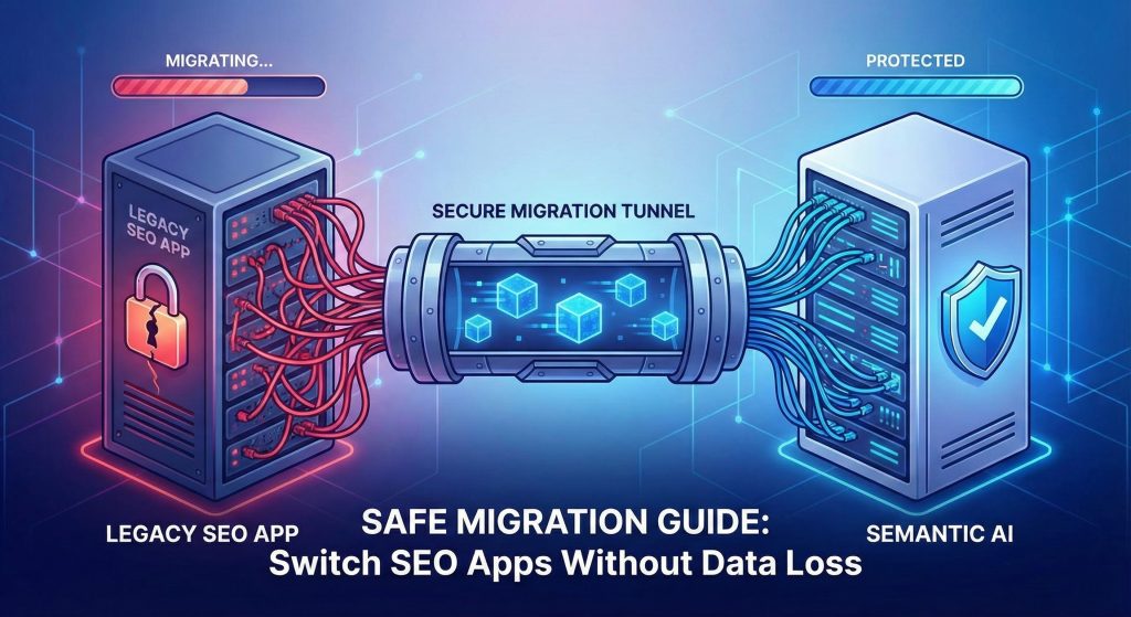 A split-screen graphic comparing chaotic 'Before' filenames like IMG_5403.jpg against clear 'After' SEO tags, separated by a shield icon representing Semantic's protected data migration.