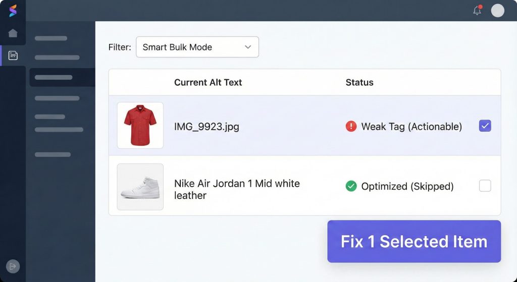 Screenshot of the 'Smart Bulk Mode' dashboard interface, highlighting how it filters for 'Weak Tag (Actionable)' items while skipping 'Optimized (Skipped)' items.