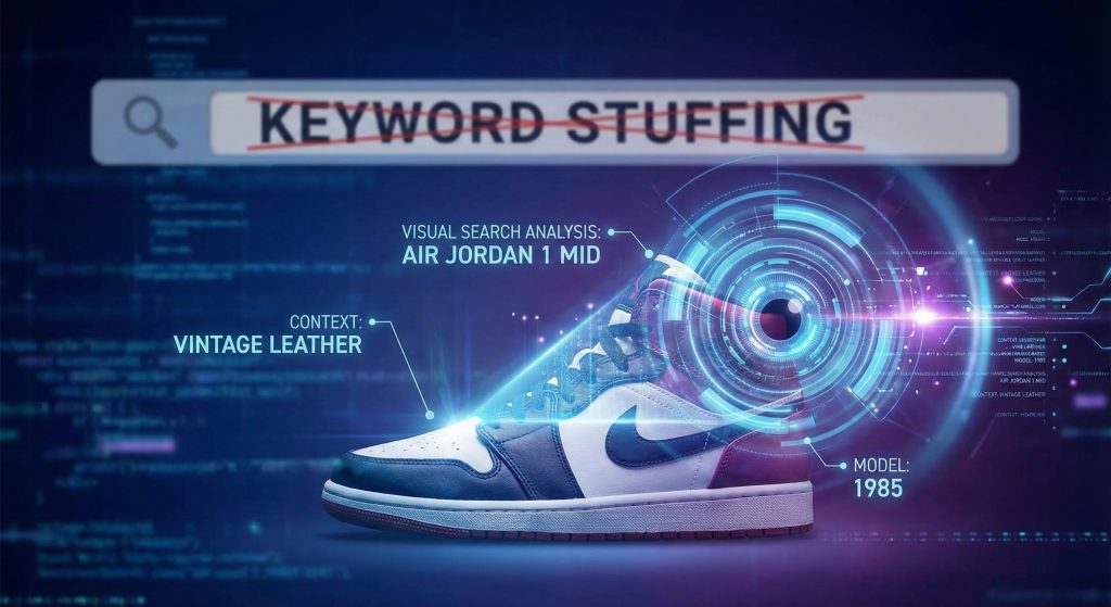 A futuristic robotic eye scans a sneaker, with data labels pointing to "VISUAL SEARCH ANALYSIS: AIR JORDAN 1 MID", "CONTEXT: VINTAGE LEATHER", and "MODEL: 1985". In the background, the text "KEYWORD STUFFING" is crossed out in a search bar.