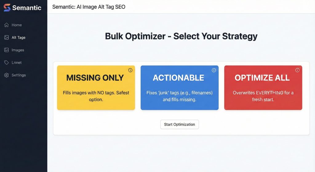 Semantic app interface showing the Missing Only and Actionable bulk optimization modes for safe data migration.