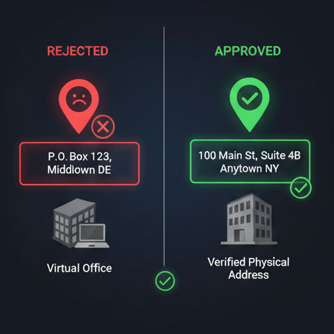 Infographic comparing valid physical business addresses versus blacklisted virtual offices for GMC compliance.